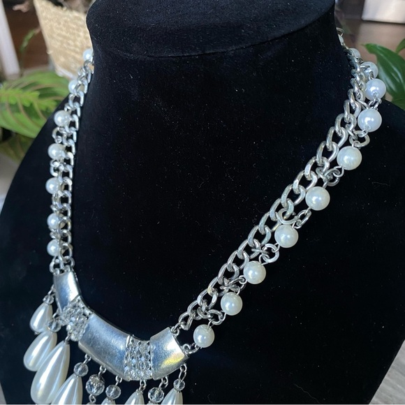 Silver Tone Cascading Faux Pearls Statement Necklace & Earring Set - Picture 5 of 6